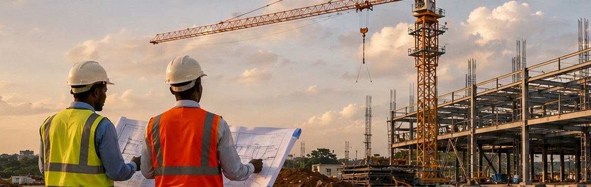 Construction site with crane and steel building frame