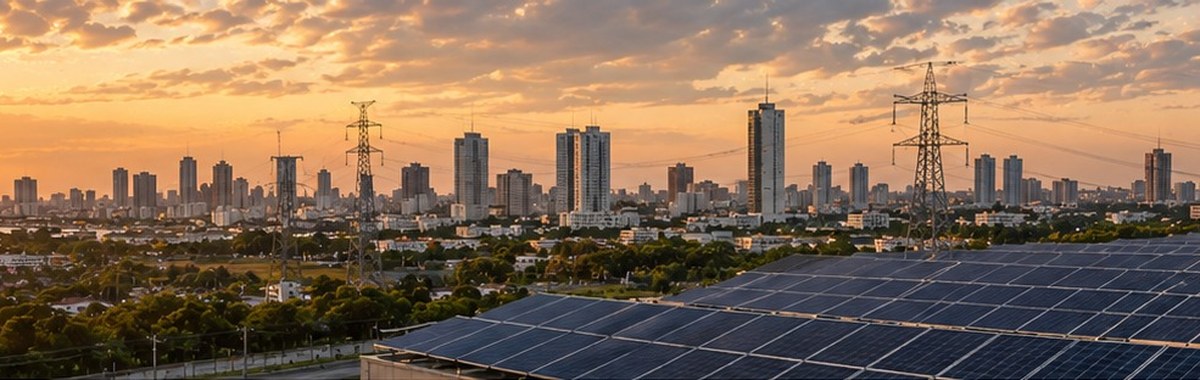Nigerian city skyline at golden hour with transmission towers and solar panels