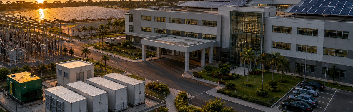 Modern hospital building with rooftop solar panels